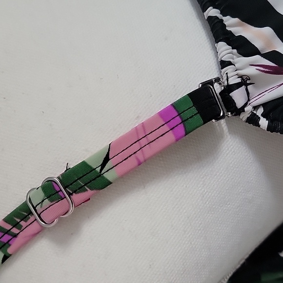 Off The Shoulder Black Tropical Print Tummy Control Waist Mininizer Swimsuit - Picture 6 of 15